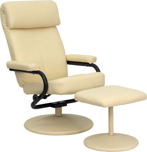 Contemporary Cream Leather Recliner and Ottoman with Leather Wrapped Base