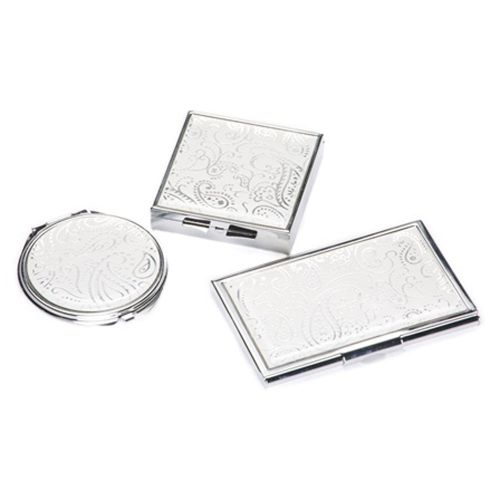 3 White Paisley Set Mirror Pill Box, Business Card Case
