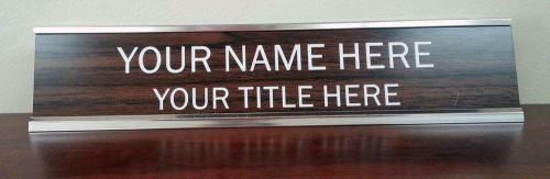 Personalized engraved 2 x 8 office desk top name sign with silver finish holder for sale