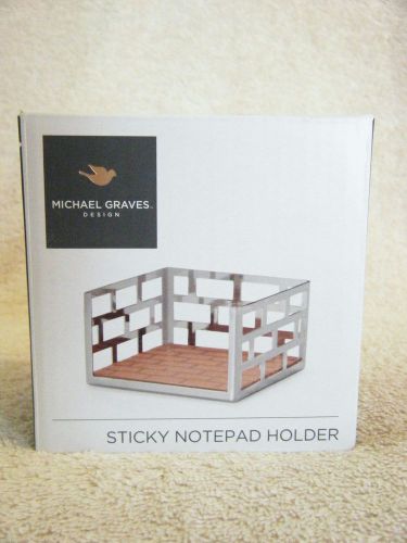 Michael Graves Sticky Notepad Holder Silver Metal Leather Desk Office NIB