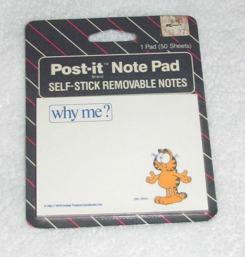 NEW! VINTAGE 1985 FUNNY 3M JIM DAVIS GARFIELD POST-IT NOTES PAD &#034;WHY ME?&#034;
