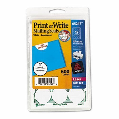 Avery Print or Write Mailing Seals, 1in dia., White, 600/Pack (AVE05247)