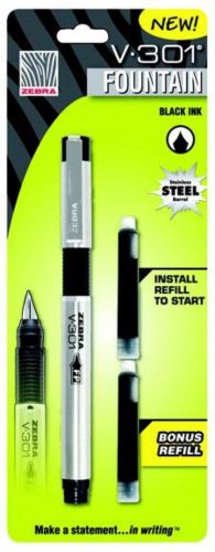 Zebra V-301 Stainless Steel Fountain Pen Black With Bonus Ink Cartridge