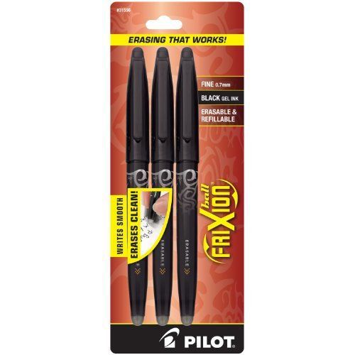 Pilot FriXion Ball Erasable Gel Pens, Fine Point, 3-Pack, Black Ink (31556) New
