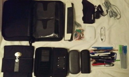 LOT: Macbook Mouse, CD Case, Hole Punch, Wallets, Pens, Paper Clips, USB, Phone