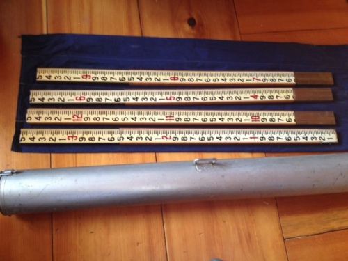 Vtg wood &amp; brass chicago steel tape 12 ft 4 pc grade rod measuring pole w/case for sale