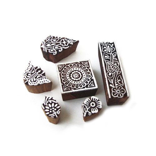 Hand Carved Floral Pattern Wooden Printing Tags (Set of 6)