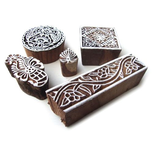 Assorted floral motifs hand carved block printing wooden tags (set of 5) for sale
