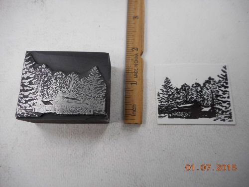 Letterpress Printing Printers Block, Winter Cabin in Woods