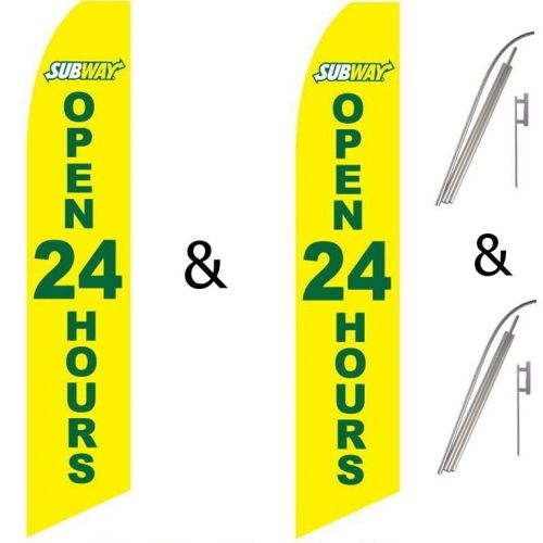 2 Swooper Flag Pole Kits Subway Open 24 Hours Yellow Green