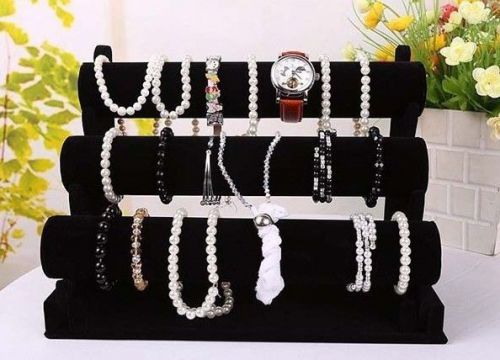 Exquisite black 3-tier velvet watch bracelet jewelry display holder stand abca for sale