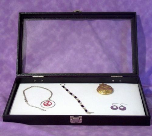 JEWELRY TRAY WITH HINGED GLASS LID W/ WHITE VELVET