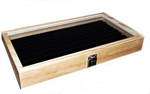 3 key lock locking natural wood glass top black 8 row ring jewelry display cases for sale