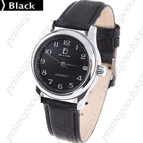 Synthetic Leather Mechanical Date Lady Wrist Ladies Wristwatch Women&#039;s Black