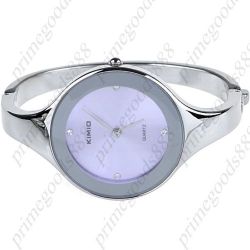 Stainless Steel Quartz Cuff Bracelet Bangle Wrist Watch Rhinestones Purple Dial