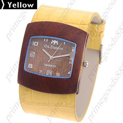 Square Wood Wooden PU Leather Lady Ladies Wrist Quartz Wristwatch Women&#039;s Yellow