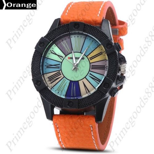 Roman Numerals Print Dial Genuine Leather Quartz Wrist Wristwatch Men&#039;s Orange