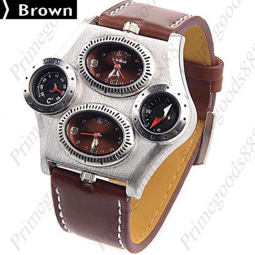 Dual Time Display Quartz Wrist Thermometer Compass Men&#039;s Free Shipping Brown
