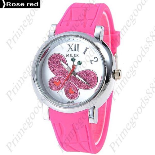 Butterfly Hearts Quartz Analog Rubber Unisex Free Shipping Wristwatch Rose Red