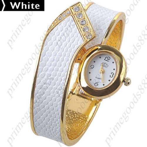 Gold Golden Alloy Synthetic Leather Wrist Quartz Wristwatch Women&#039;s White