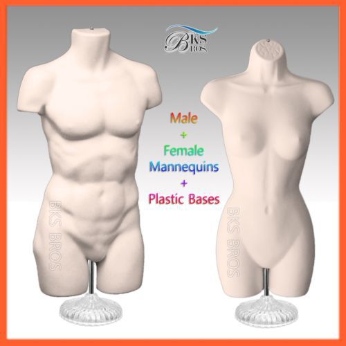 2 Mannequins Flesh Man + Woman Body Dress Form Display Acrylic Stand Hanging