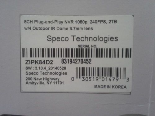 NEW Speco Technologies Surveillance sys 8 CH NVR 4 HD IP Dome Cameras ZIPK84D2