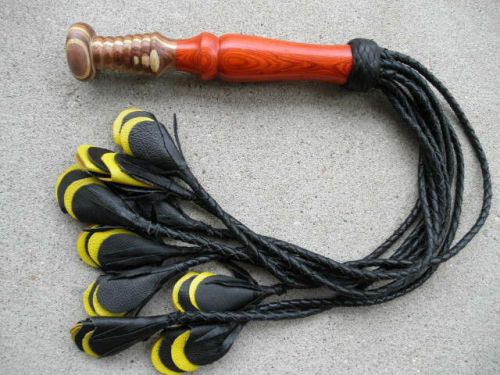Black Leather YELLOW &amp; BLACK ROSE Flogger CAT OF 9 TAILS NEW TRAINER- BUMBLE BEE