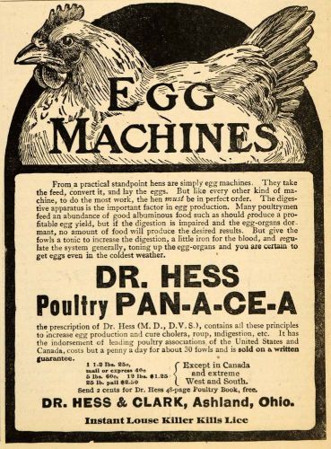 1907 ad egg machines dr hess clark poultry pan-a-ce-a - original advertising cg1 for sale