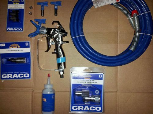 Graco spray gun with hose , swivel , gun repair kit , tip filters &amp; 3 # 517 tips