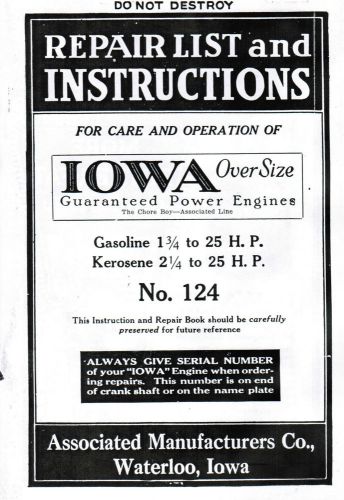 Iowa over size power associated gas engine motor manual book hit miss 1.75-25hp for sale