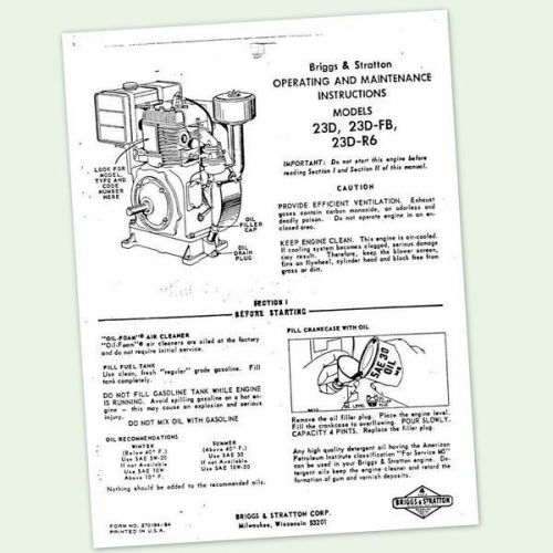 BRIGGS AND STRATTON MODEL 23D-R6 ENGINE OWNERS OPERATORS MAINTENANCE MANUAL &amp; BS