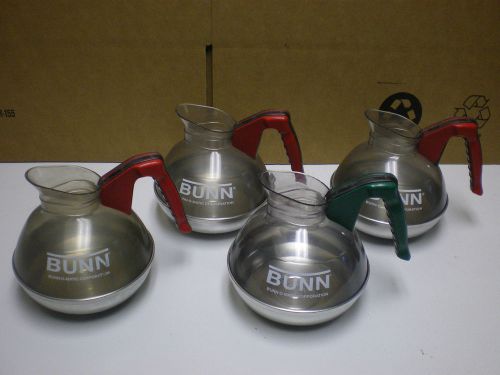 Lot of 4 Bunn-O-Matic  12-Cup 64oz  Decanter, 2 Red 1 Green Handle Stainless