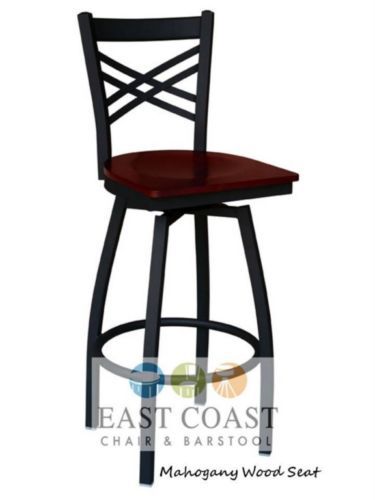 New Gladiator Cross Back Metal Swivel Restaurant Bar Stool w/ Mahogany Wood Seat