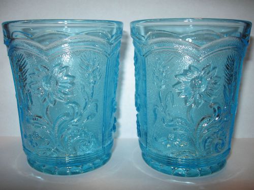 pair of Blue glass IG wildflower pattern tumbler cup Field Flower spring 2 water