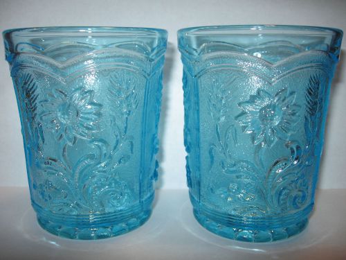 pair of Blue glass IG wildflower pattern tumbler cup Field Flower spring 2 water