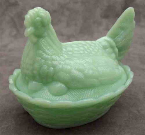Jadeite green glass large hen on nest salt cellar dish ~salt dip~ for sale