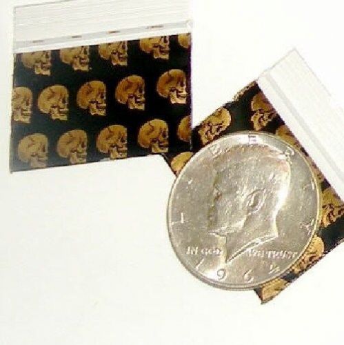 200 Baggies Golden Skulls 1.5 x 1&#034; Apple brand  mini ziplock bags 1510
