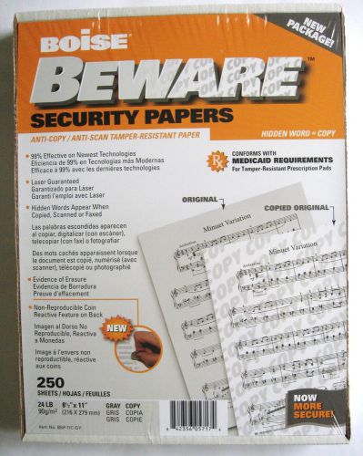NEW BOISE BEWARE SECURITY PAPERS 250 ANTI-COPY ANTI-SCAN ANTI-TAMPER 8.5x11 GRAY