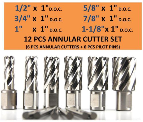 12 pcs h.s.s. annular cutter set, 1&#034; d.o.c., 3/4&#034; shank magnetic drill set w/pin for sale