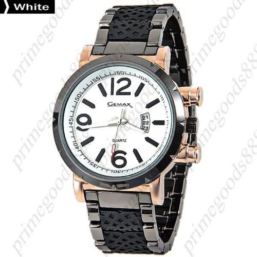 Round Quartz Analog Stainless Steel Band Date Wrist Men&#039;s Wristwatch Gold White