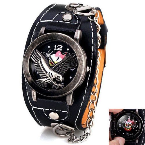 Eagle Wristwatch Chain MC Biker PU Leather Flip Quartz Analog Wrist Men&#039;s Black