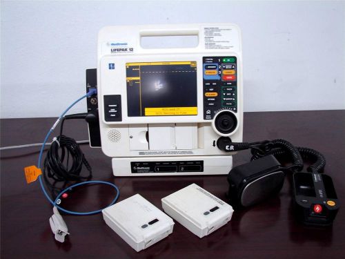 Lifepak 12 biphasic ecg nibp spo2 paddles aed printer 2 battery ac power charger for sale