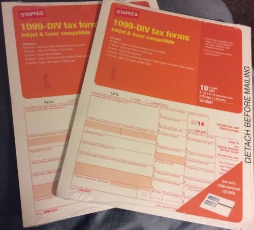 2 packs - Staples 1099-DIV Tax Forms, (10) 5 Part Sets per package