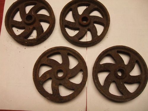 Vintage cast iron wheels hit &amp; miss maytag industrial cart steampunk 4 3/4&#034; for sale
