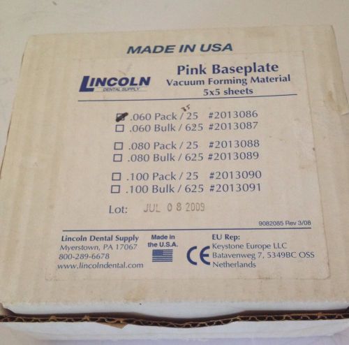 35 5X5 SHEETS 060 LINCOLN DENTAL Vacuum Forming MATERIAL PINK BASEPLATE NEW