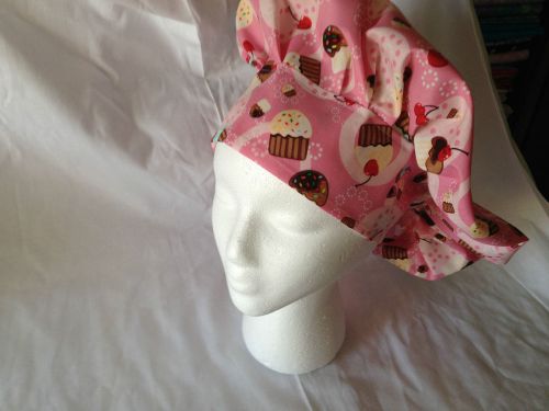 Pink cupcake print pastry, Chef hat, one size fits most velcro back closure