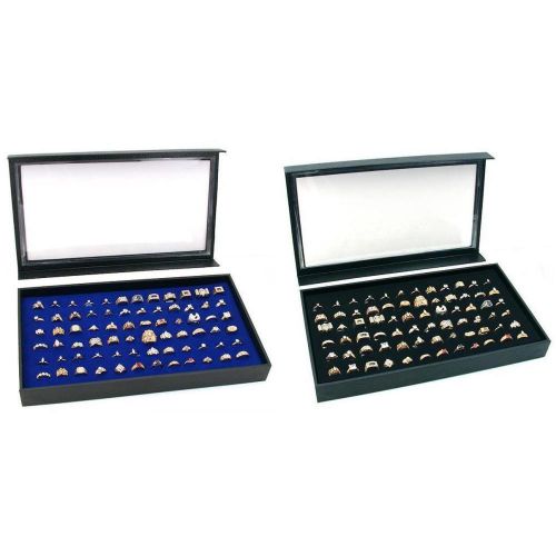 Display Cases W/ Clear Acrylic Magnetic Lid &amp; Black &amp; Blue Ring Foam Kit 4 Pcs