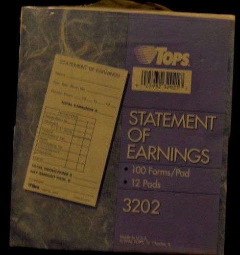 Tops Statement of Earnings Pads #3202, 12 Pads, 100 Forms Per Pad
