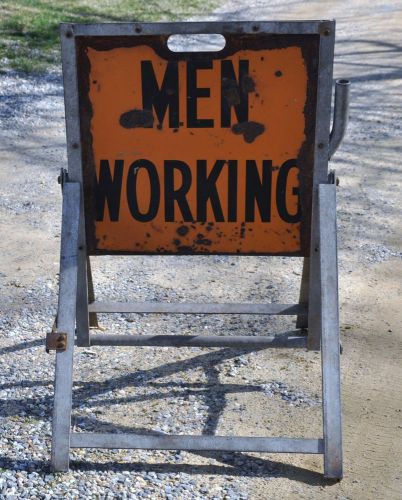 Vintage Collectible Double Sided Metal Men Working Fold Up Swinging Sign Orange