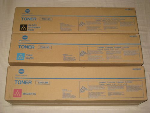 Lot of 3 OEM Konica Minolta Toner 1 Each Black Cyan Magenta TN413K TN613C TN613M